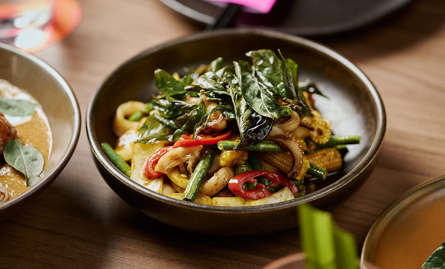 Pad cha squid with Thai basil, baby corn and snake beans from the $39 Express Lunch